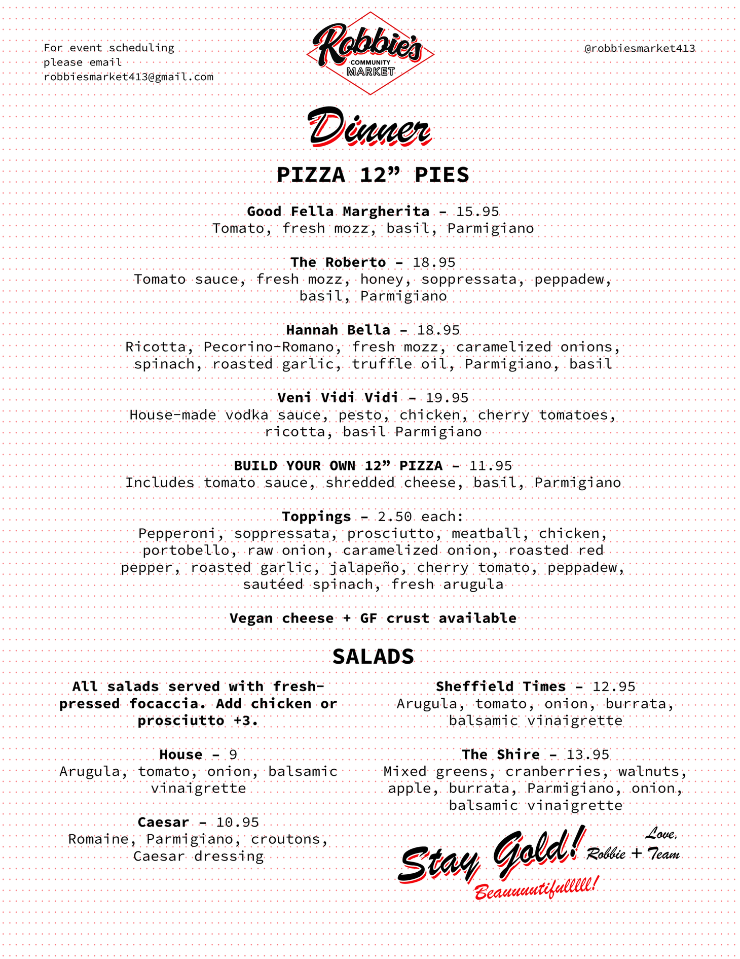 Menu for Robbins Shop, listing 12