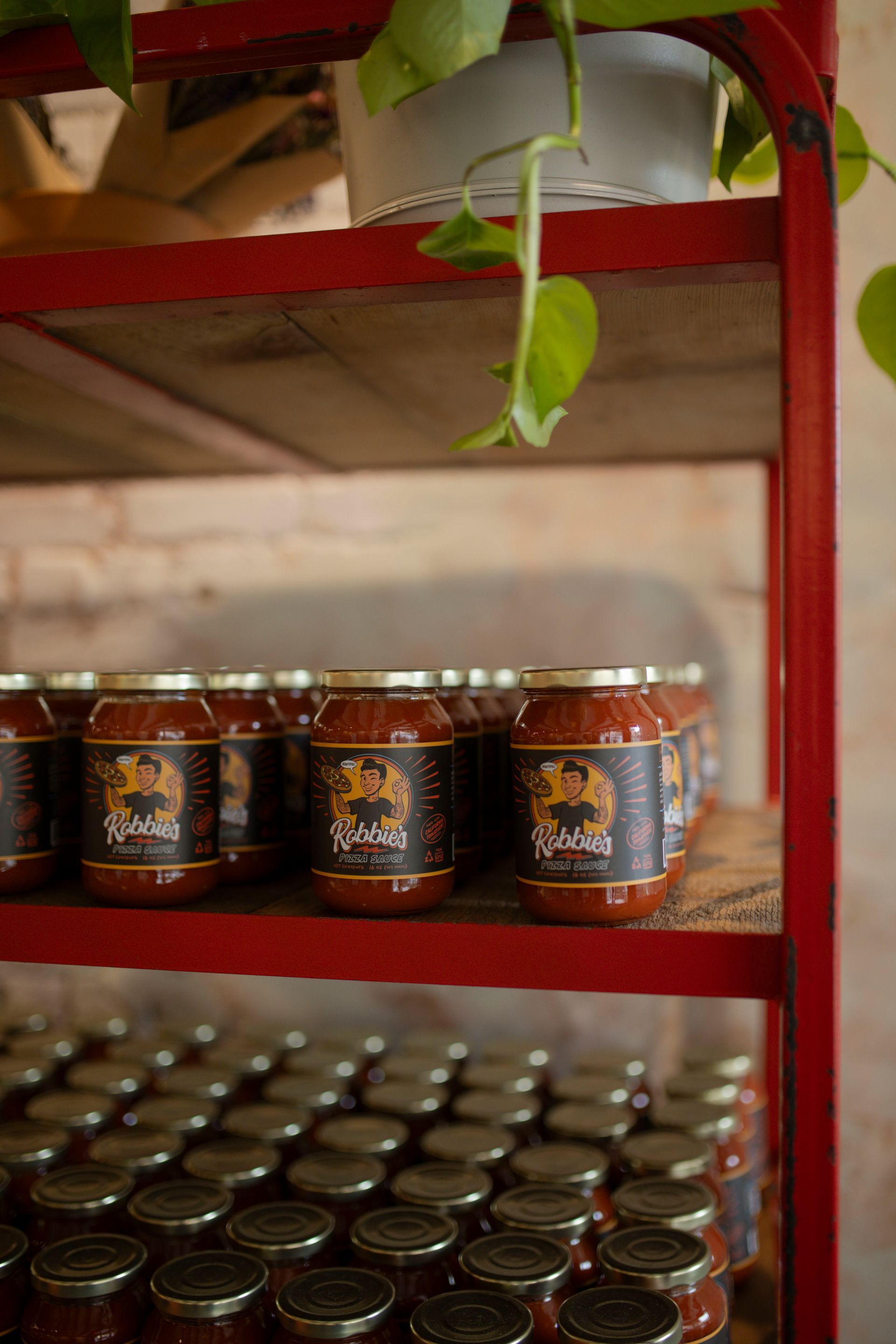 Jars of sauce with gold labels sit on red metal shelves, near a plant.