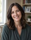 Smiling woman with shoulder-length brown hair in a home office, wearing a dark green blouse.