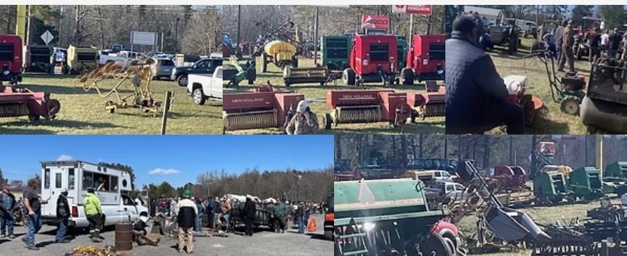 Outdoor auction with farm equipment and people.