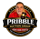 Logo for Pribble Auction Group featuring a person, a gavel, and the phone number 434-426-5573 on a black and gold badge.