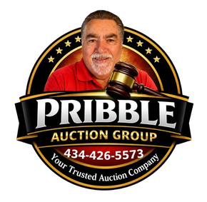 Logo for Pribble Auction Group: Man and gavel, blue and white text.