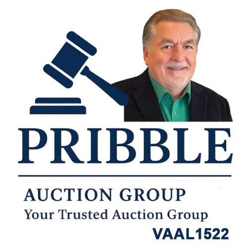 Logo for Pribble Auction Group with a man, gavel, and text.