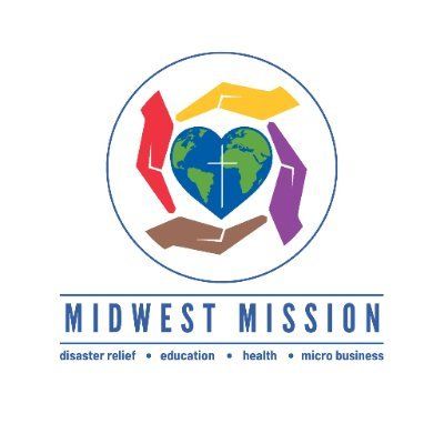 Logo: Hands in various colors around a heart-shaped globe with a cross, 
