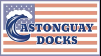Caston Guy Docks logo with blue wave and stars over red-and-white striped background