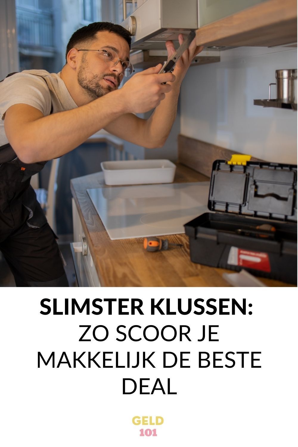 Man installing something in a kitchen with a toolbox nearby. Text: