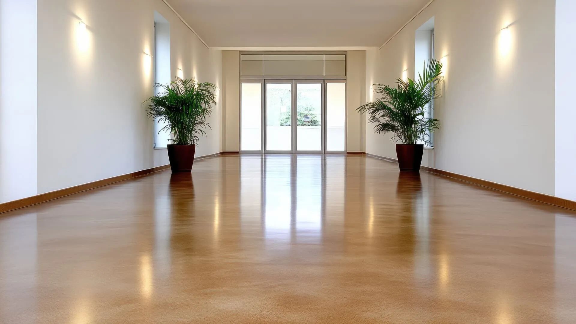 Bright empty hallway with wooden floor, white walls, and potted plants near glass doors at the end.