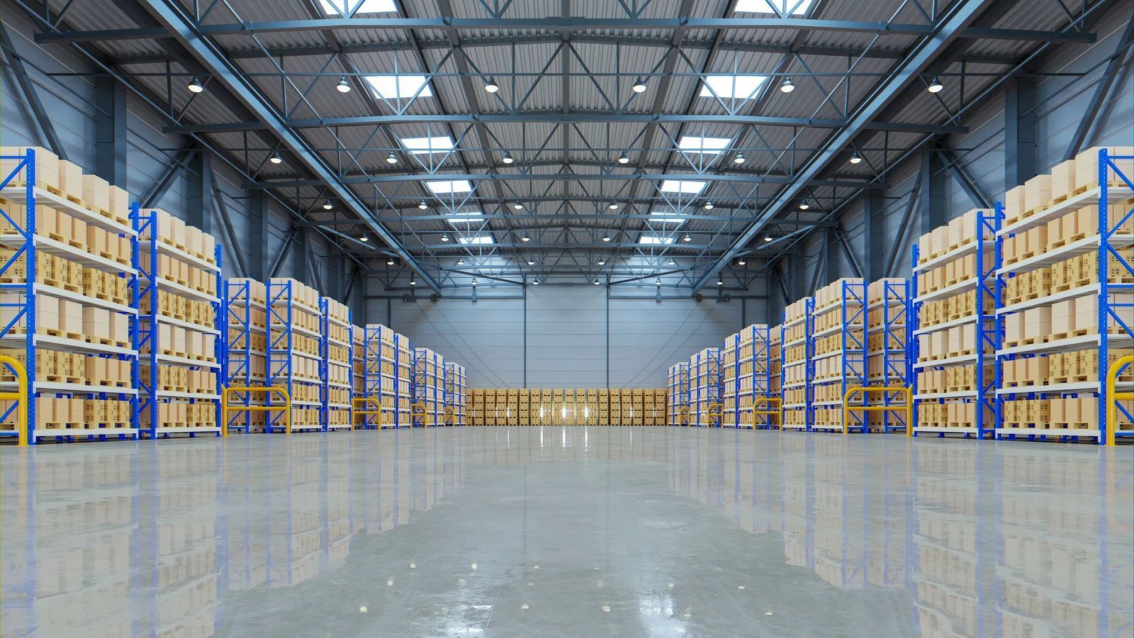 Large empty warehouse with tall blue and yellow shelving on both sides and a shiny concrete floor