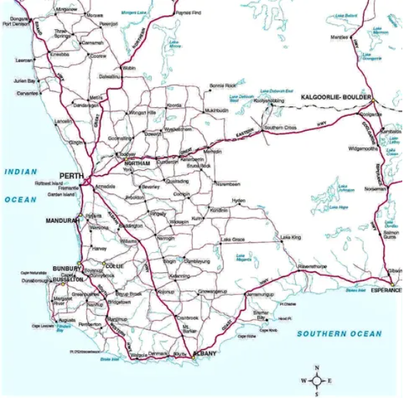 Map of Western Australia with roads, towns, and coastline labeled.