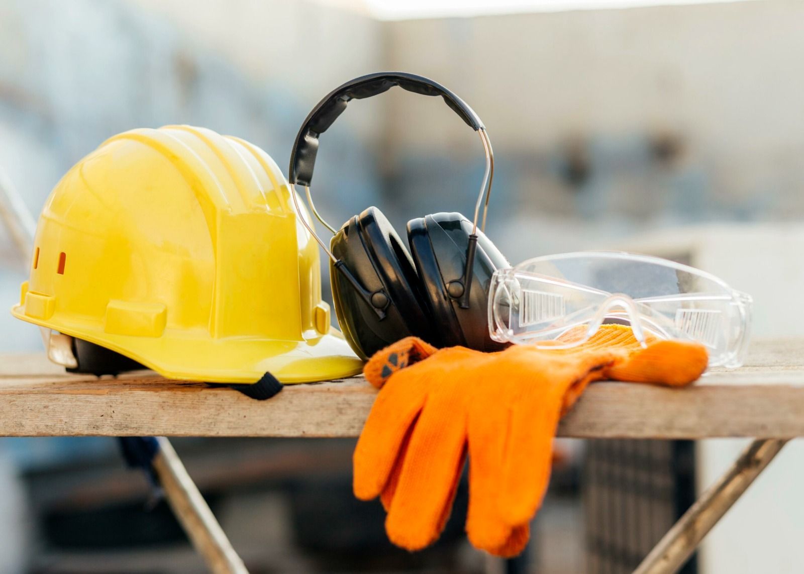 Casco amarillo, protección auditiva, gafas de seguridad y guantes naranjas sobre una superficie de madera.