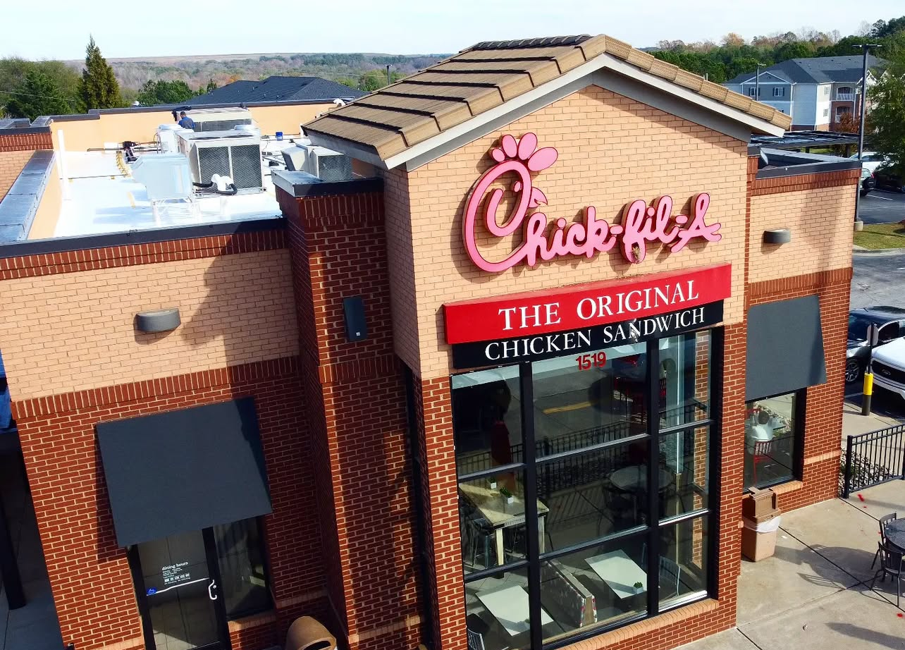 An aerial view of a chick fil a restaurant.