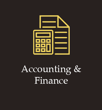 Yellow accounting calculator and document icon above the text “Accounting & Finance” on a dark background