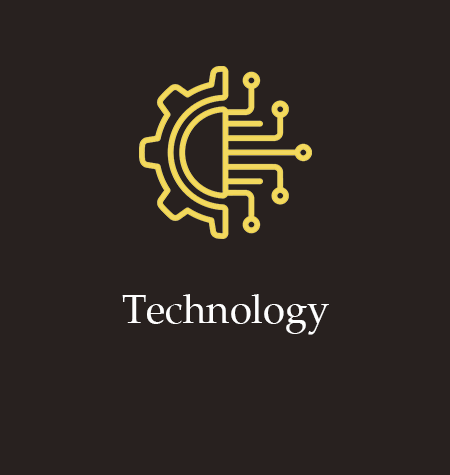Yellow technology gear-and-circuit icon above the word “Technology” on a dark background