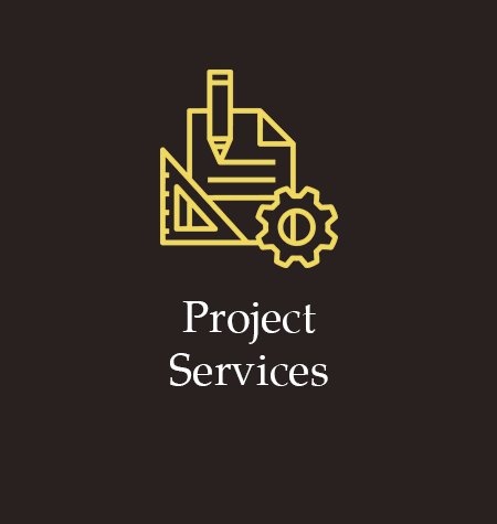 Yellow project services icon with drafting tools and gear on dark background