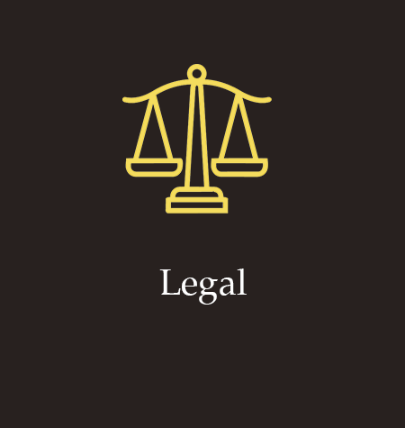 Gold scales icon above the word “Legal” on a dark background