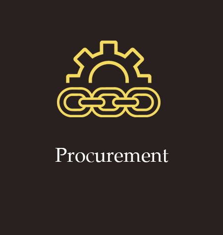Gold gear and chain icon above the word “Procurement” on a dark background