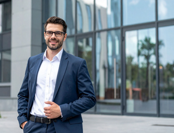 Man in navy suit standing outside a modern glass office building, smiling at the camera