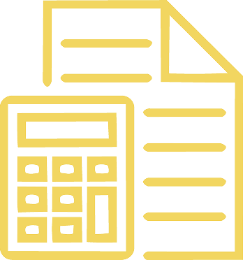 Yellow outline icon of a document with a calculator, suggesting accounting or billing