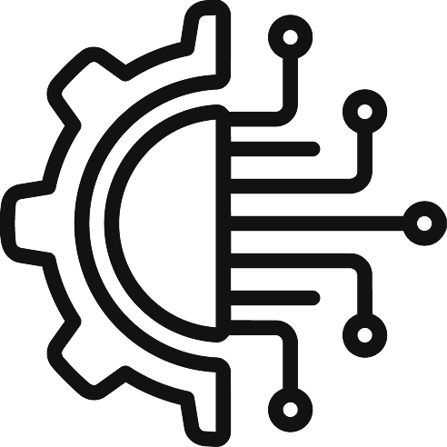 Black gear icon integrated with circuit lines, representing technology or automation