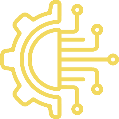 Yellow line-art gear and circuit board icon on a white background
