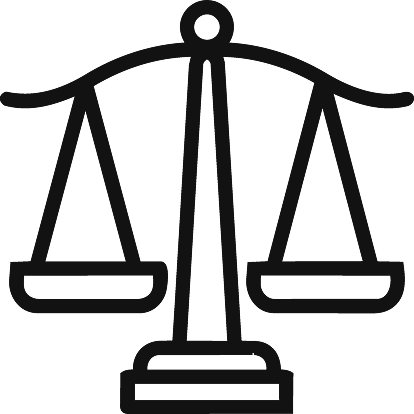 Black justice scales icon with balanced pans on a stand