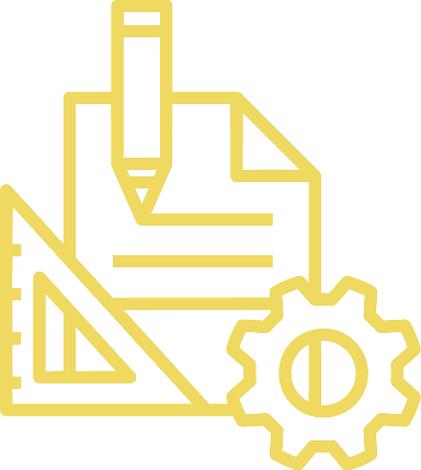 Yellow line icon of a pencil over a document with a ruler and gear