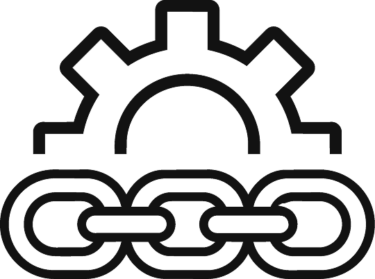 Black line icon of a gear above a chain link symbol