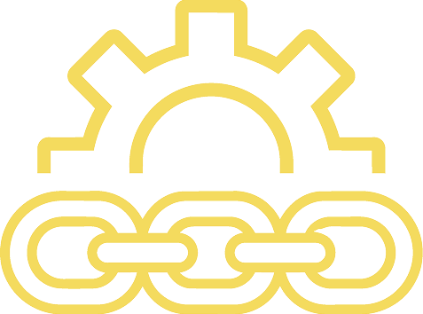 Yellow gear with interconnected chain links on a white background