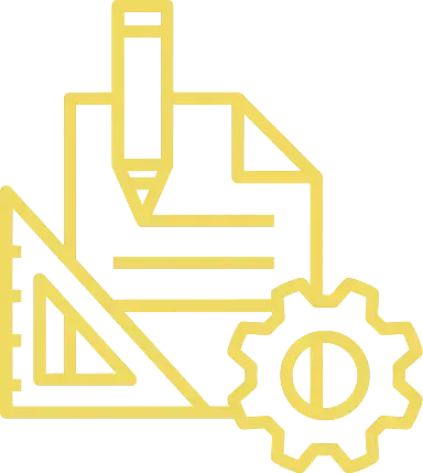 Yellow outline icon of a drafting pencil, ruler, document, and gear on a white background