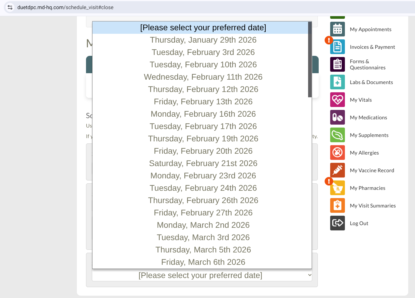Screen with a dropdown list of dates under “Please select your preferred date” and app icons on the right