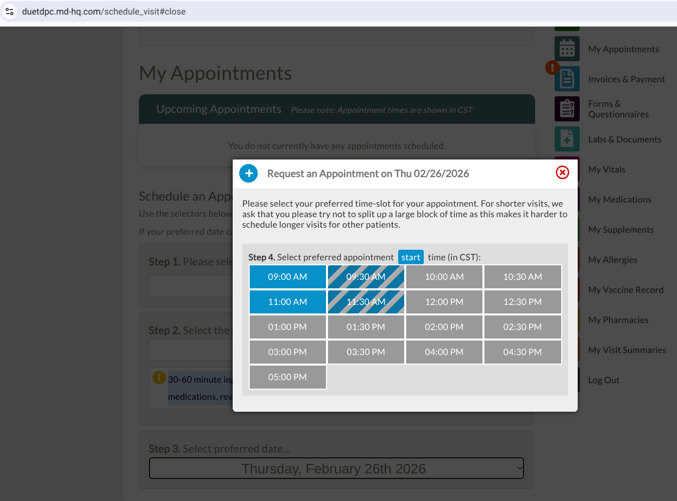 Website page with a centered modal calendar popup over a dimmed appointments screen