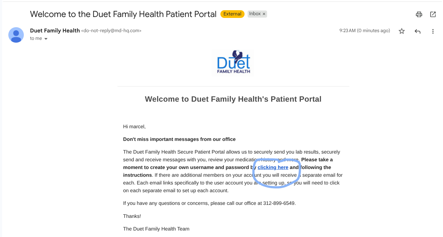 Web portal homepage with white background, logo, welcome text, and a blue highlighted link in the center