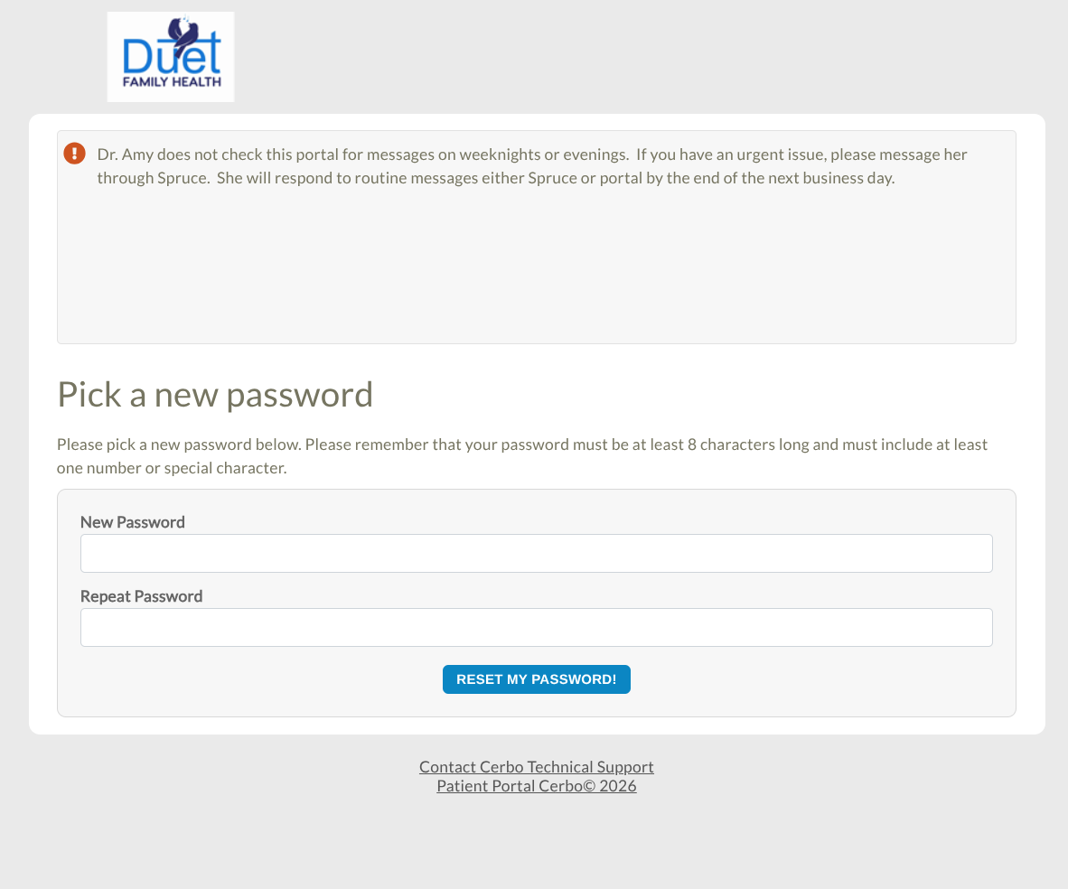 Duo security reset page with fields for new password and confirm password, plus a reset password button