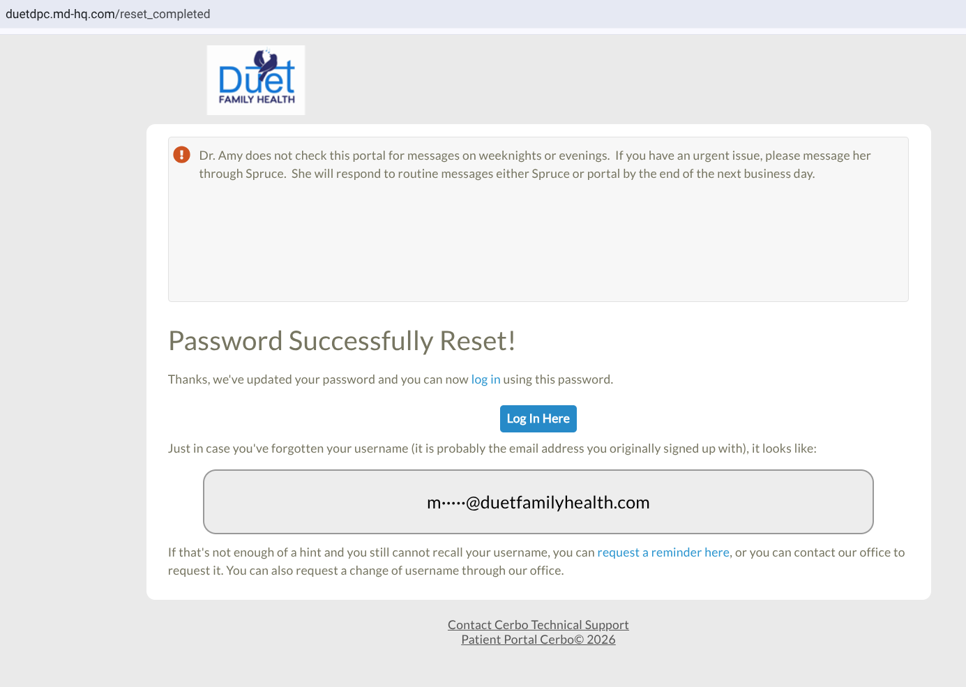 Password reset confirmation page with blue Sign in button and a temporary password shown below