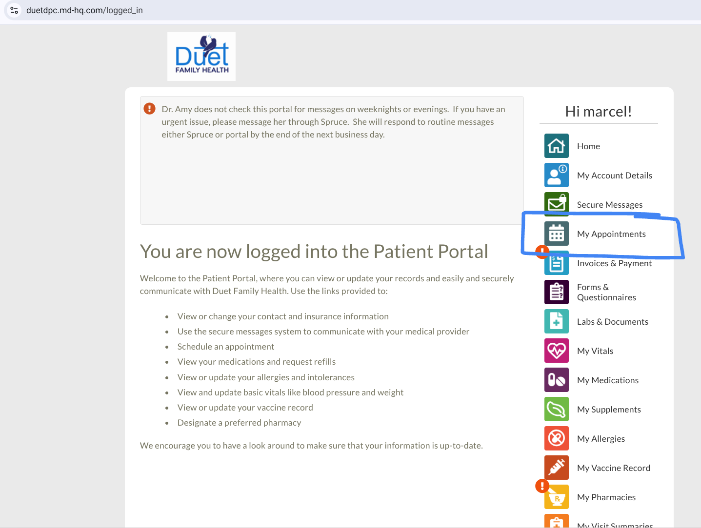 Screenshot of a patient portal webpage with a right-side navigation menu and “You are now logged in” message.