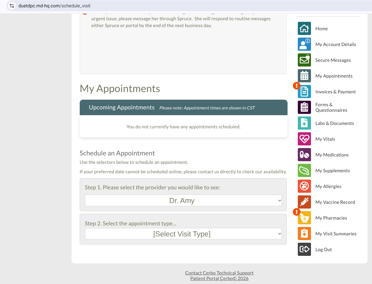 “My Appointments” portal page with a schedule form and a right-side menu of colorful icon links