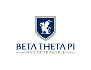 The Beta Theta Pi logo features a dragon on a blue shield, with the text "BETA THETA PI" and "MEN OF PRINCIPLE" below.