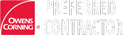 Owens Corning Preferred Contractor logo with red square icon and white text on a dark background.