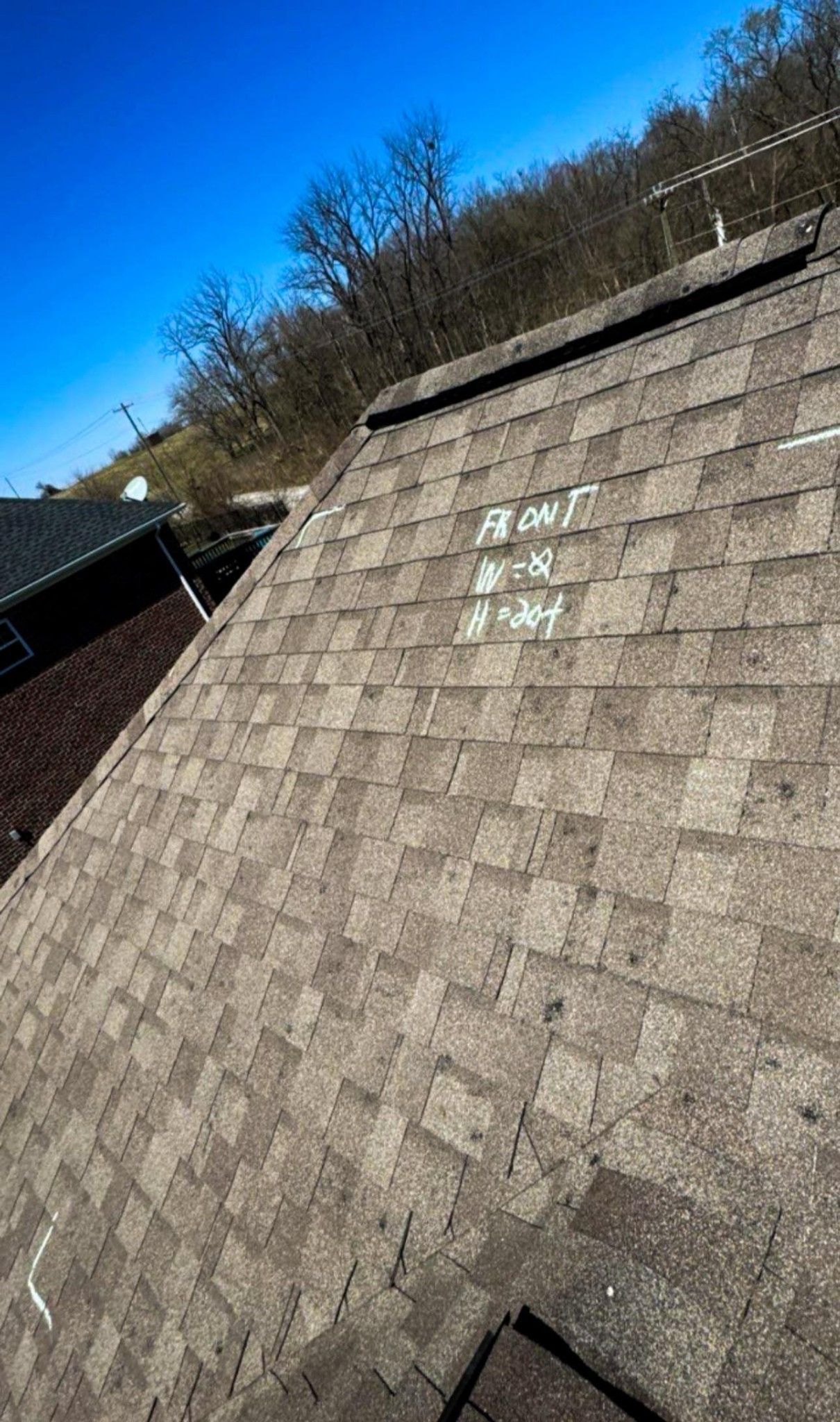 A close-up of a residential asphalt shingle roof under a clear blue sky, showing areas of light-colored moss or weathering.