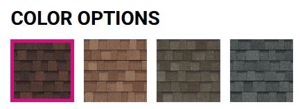 A set of four square swatches showing different shades of asphalt roof shingles, with the first option highlighted in pink.