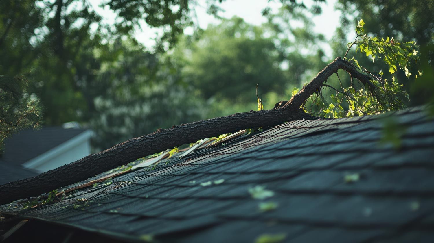 A tree branch has fallen onto a house roof covered in dark, textured shingles, with blurry green trees in the background.