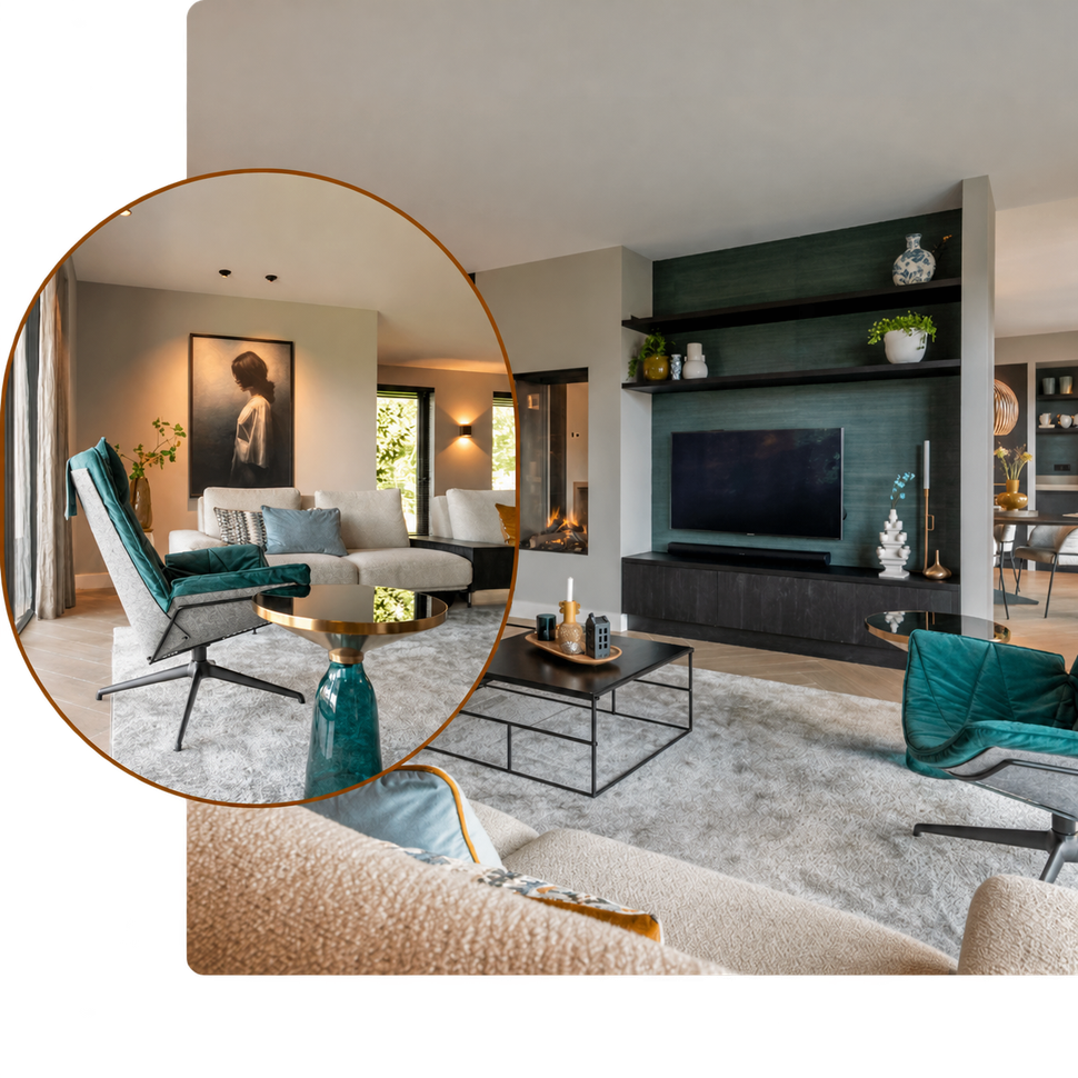 Moderne woonkamer met turquoise stoelen, grijze bank, grote tv en open haard in een neutrale ruimte.