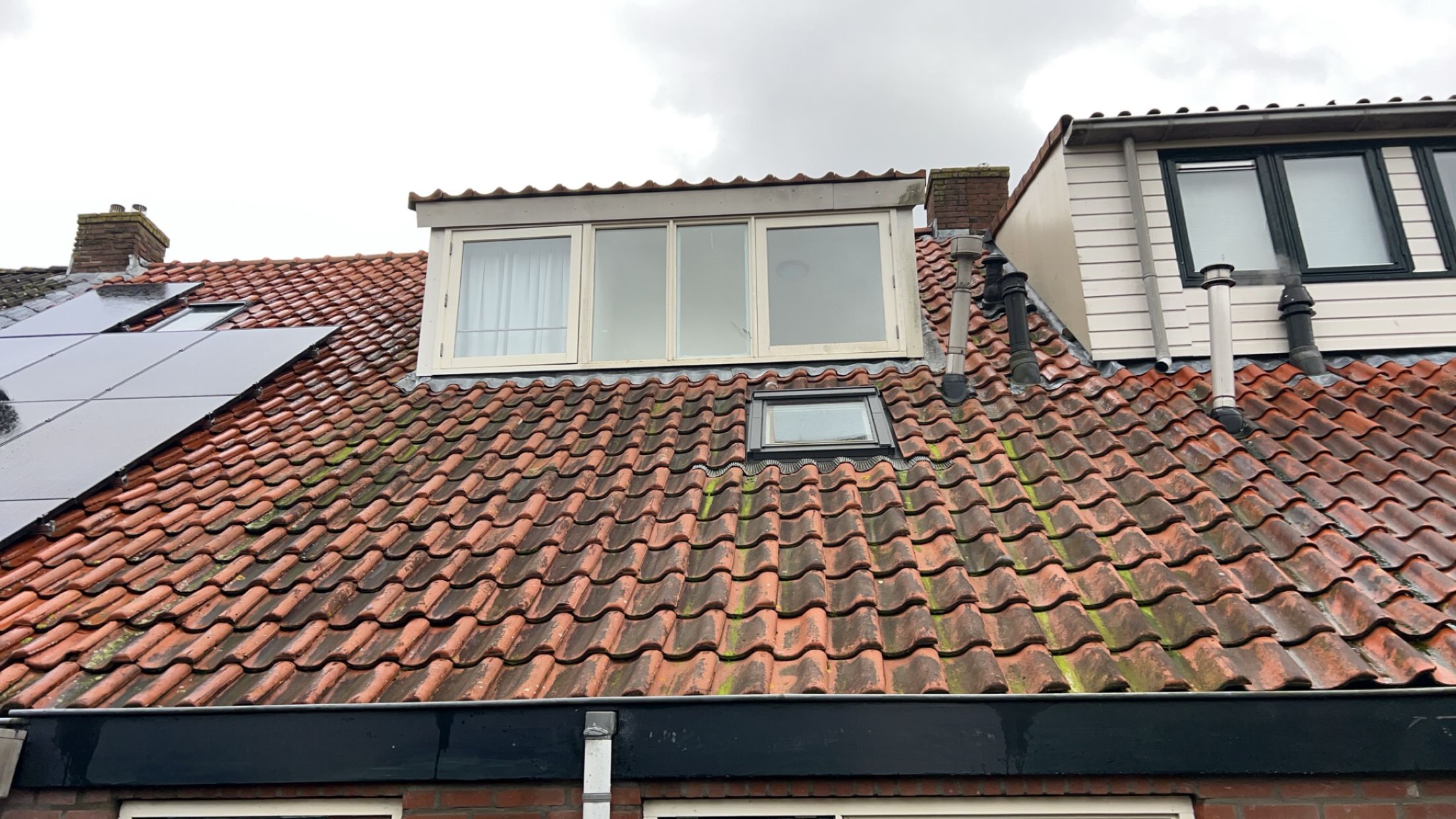 Dak vervuilt met mos en aanslag dat toe is aan een reiniging