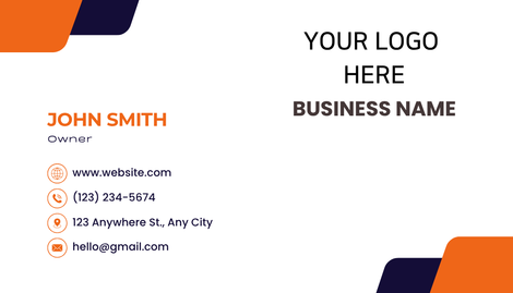 Business card template with orange and navy accents, placeholder logo, and contact info for John Smith