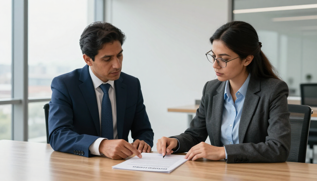 Dos profesionales revisan documentos en una mesa de conferencias en una oficina luminosa.