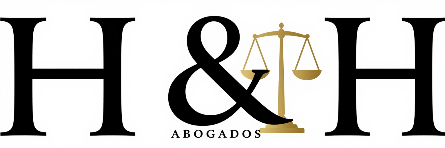 Logotipo de H&H Abogados con letras negras y balanza de la justicia dorada sobre el símbolo &.
