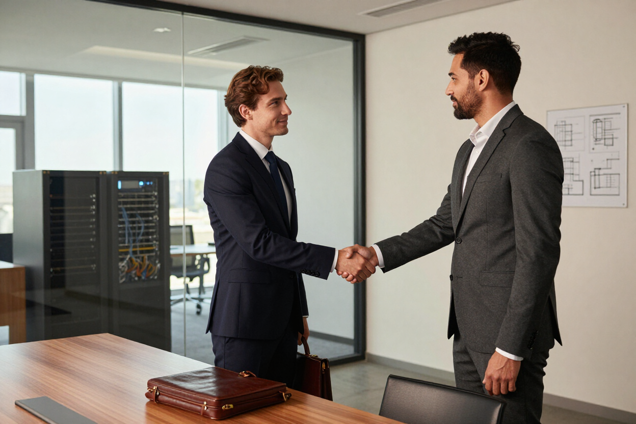 Dos empresarios dándose la mano en una oficina luminosa.
