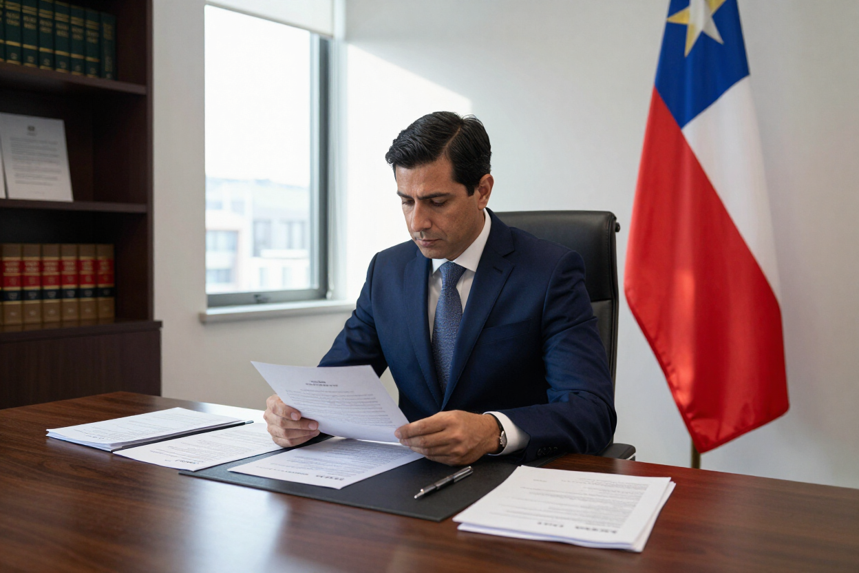 Un hombre con traje azul marino revisa unos documentos en un escritorio, con una bandera chilena de fondo.