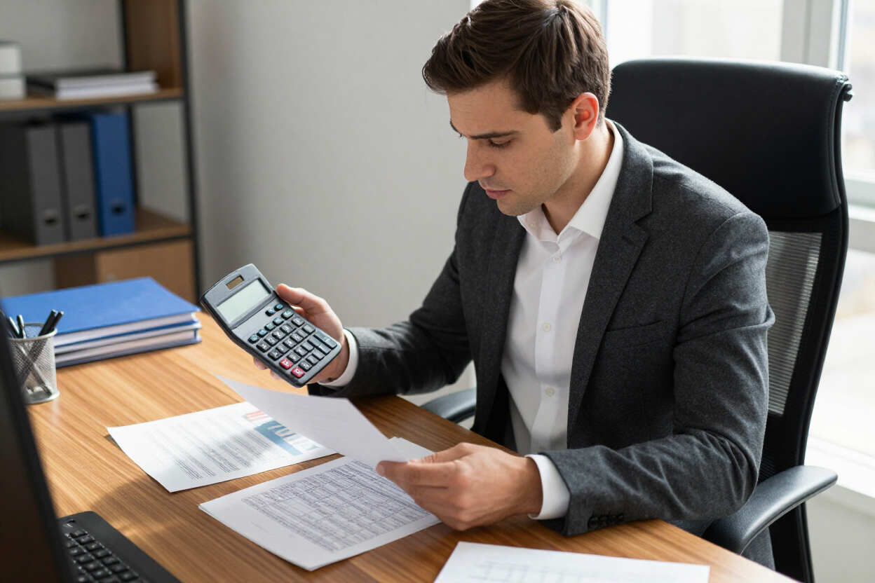 Hombre con traje usando una calculadora en un escritorio de oficina con papeles y carpetas.