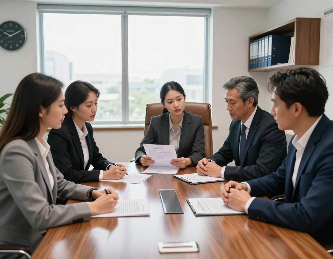 Reunión de negocios con cinco personas alrededor de una mesa de madera